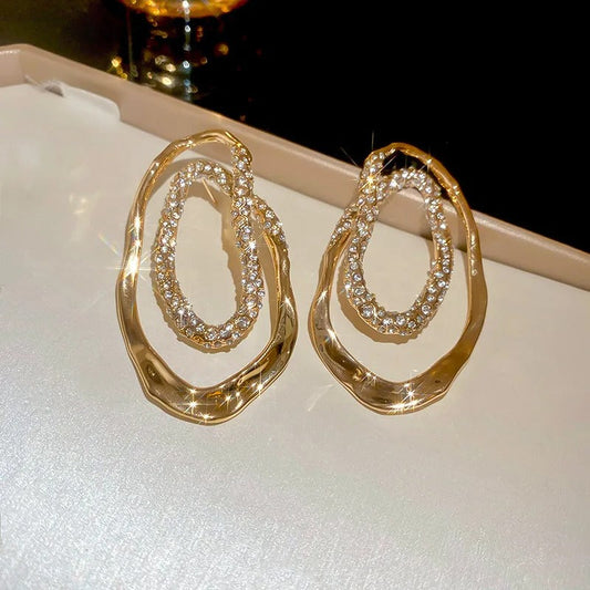 Vintage Gold Sparkling Crystal-Studded Oval Frame Earrings-Ariette Jewelry