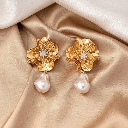 Gold Flower Pearl Drop & Crystal Earrings-Ariette Jewelry