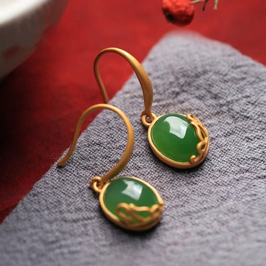 Vintage Green Oval Drop Banquet Jewelry Earrings-Ariette Jewelry