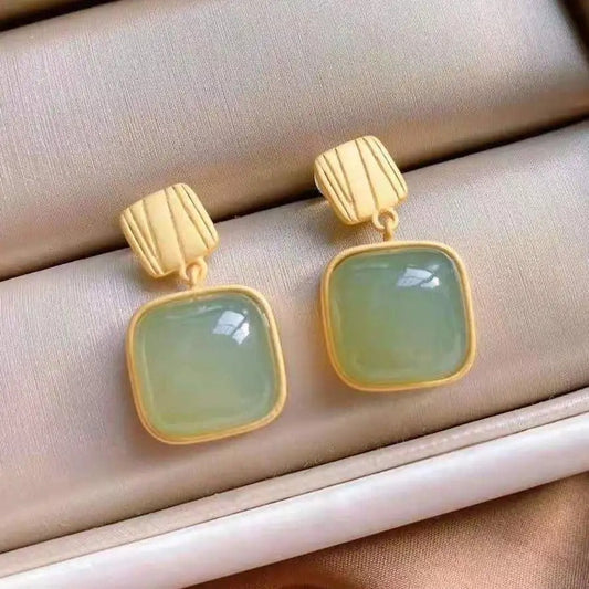 Gold Square Green Gemstone Earrings-Ariette Jewelry