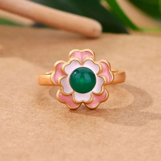 Retro Floral Gold Green Stone & Pink Flower Adjustable Ring-Ariette Jewelry