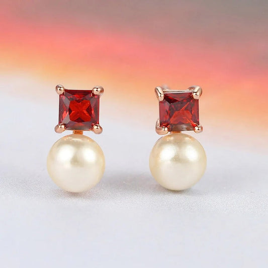 Classic Red Stone & Pearl Rose Gold Retro Charm Earrings-Ariette Jewelry