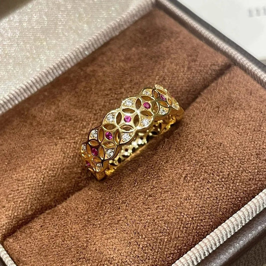Antique-Inspired Gold & Ruby Floral Design Adjustable Ring-Ariette Jewelry