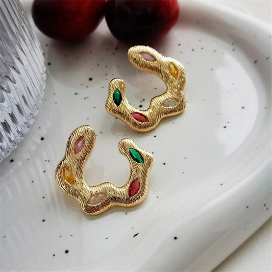 Gold Wavy Multi-Color Gemstones Earrings-Ariette Jewelry