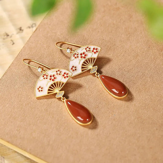 Vintage Gold & Red Floral Fan Drop Earrings-Ariette Jewelry