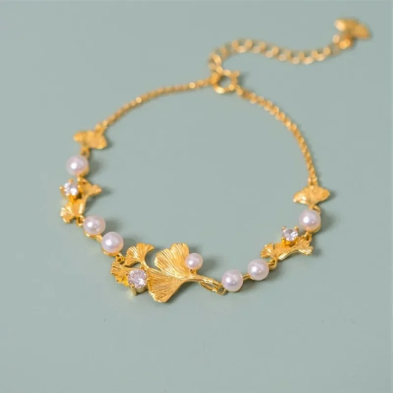 Classic Gold Ginkgo Leaf Pearl Bracelet-Ariette Jewelry