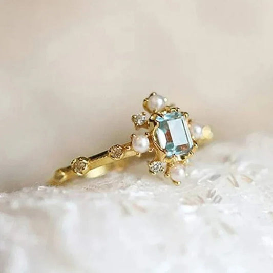 Vintage Sky Blue Gem Pearl Ring-Ariette Jewelry