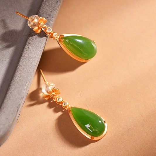 Classic Gold & Green Gemstone Inlaid Bow Crystal Dangle Earrings-Ariette Jewelry