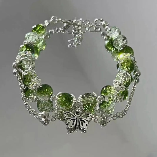 Vintage Silver Butterfly & Green Bead Bracelet-Ariette Jewelry