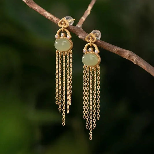 Classic Vintage Gold & Teardrop Oval Tassel Earrings-Ariette Jewelry