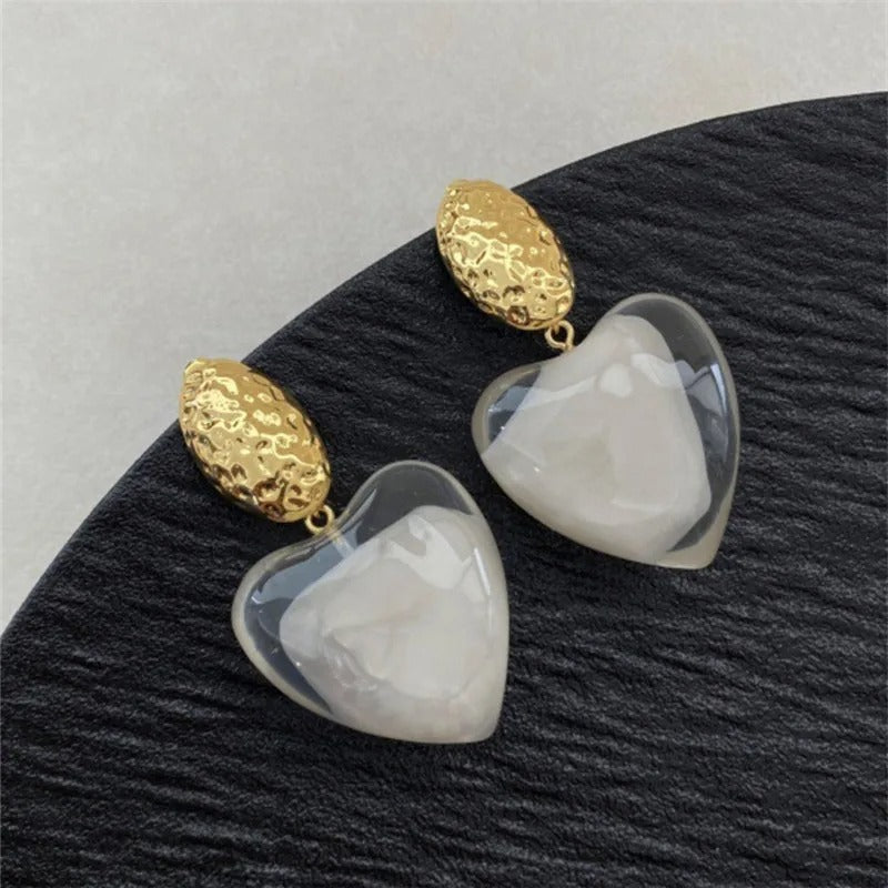 Classic Gold Heart-Cut Clear Resin & Textured Top Earrings-Ariette Jewelry