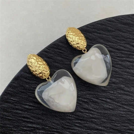 Classic Gold Heart-Cut Clear Resin & Textured Top Earrings-Ariette Jewelry