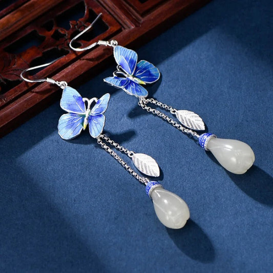 Vintage Silver & Tassel Blue Butterfly Earrings-Ariette Jewelry