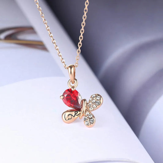 Rose Gold Heart-Shaped Red Gem Butterfly Pendant Necklace-Ariette Jewelry
