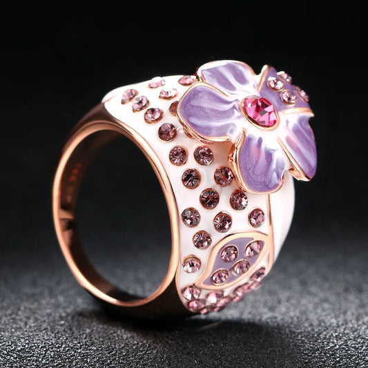 Classic Rose Gold Purple Floral Design & Crystal Ring-Ariette Jewelry
