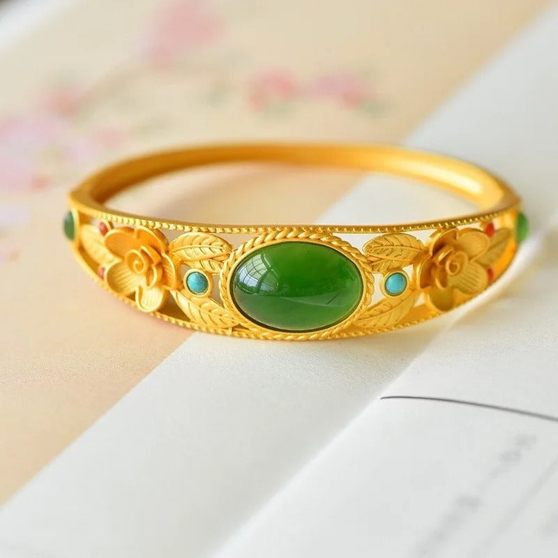 Timeless Gold Green Stone & Floral Bangle Bracelet-Ariette Jewelry