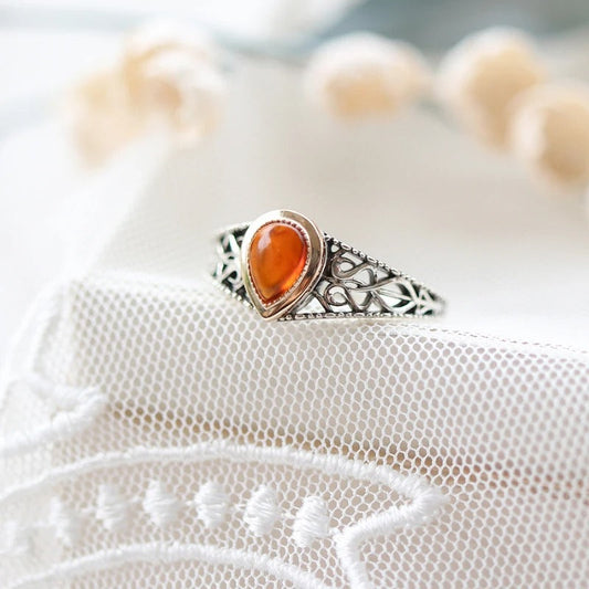 Vintage Silver Carved Flower Teardrop Adjustable Ring-Ariette Jewelry