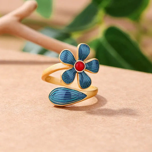 Retro Gold Blue Enamel Flower & Red Stone Adjustable Ring-Ariette Jewelry