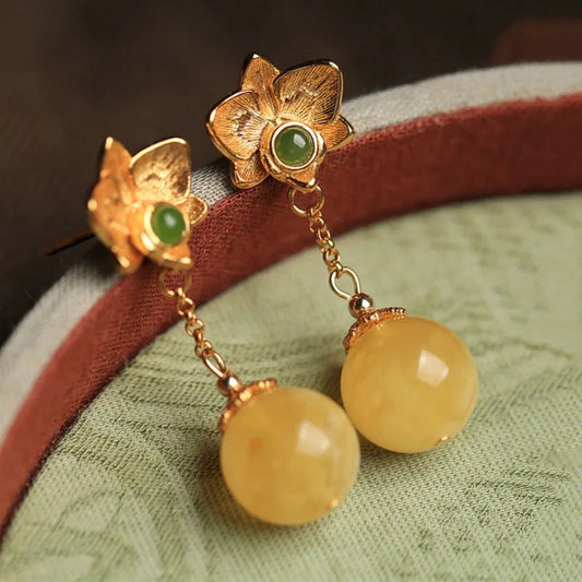 Vintage Gold Yellow Ball Gemstones & Green Floral Earrings-Ariette Jewelry
