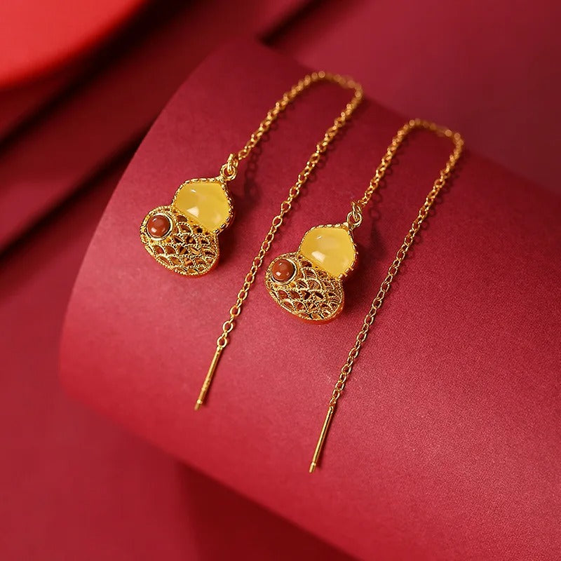 Vintage Gold & Yellow Teardrop Gourd Fringed Earrings-Ariette Jewelry