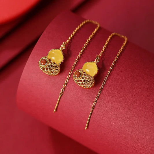 Vintage Gold & Yellow Teardrop Gourd Fringed Earrings-Ariette Jewelry