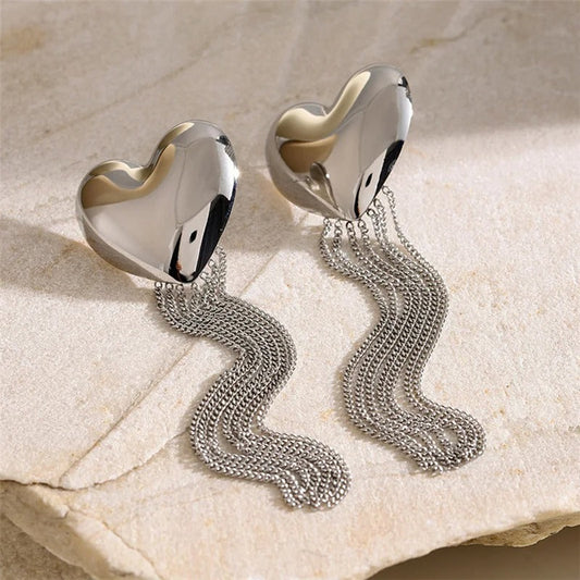 Classic Silver Heart Tassel Chain Design Earrings-Ariette Jewelry