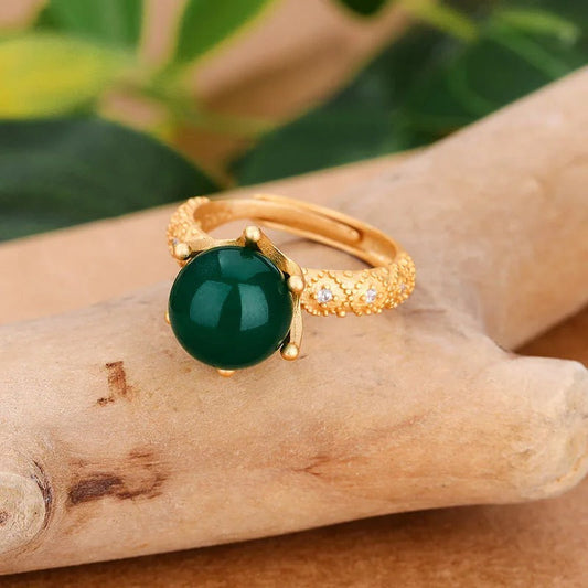 Vintage Gold Natural Green Bead Crown Adjustable Ring-Ariette Jewelry