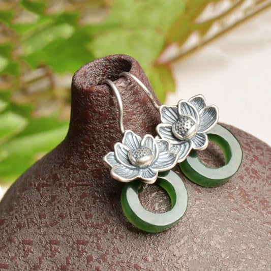 Classic Silver & Green Jade Flower Drop Earrings-Ariette Jewelry