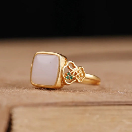 Vintage Gold Square White Stone & Floral Accent Adjustable Ring-Ariette Jewelry