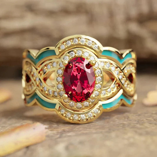 Vintage Gold Red Gem Crystal Ring-Ariette Jewelry