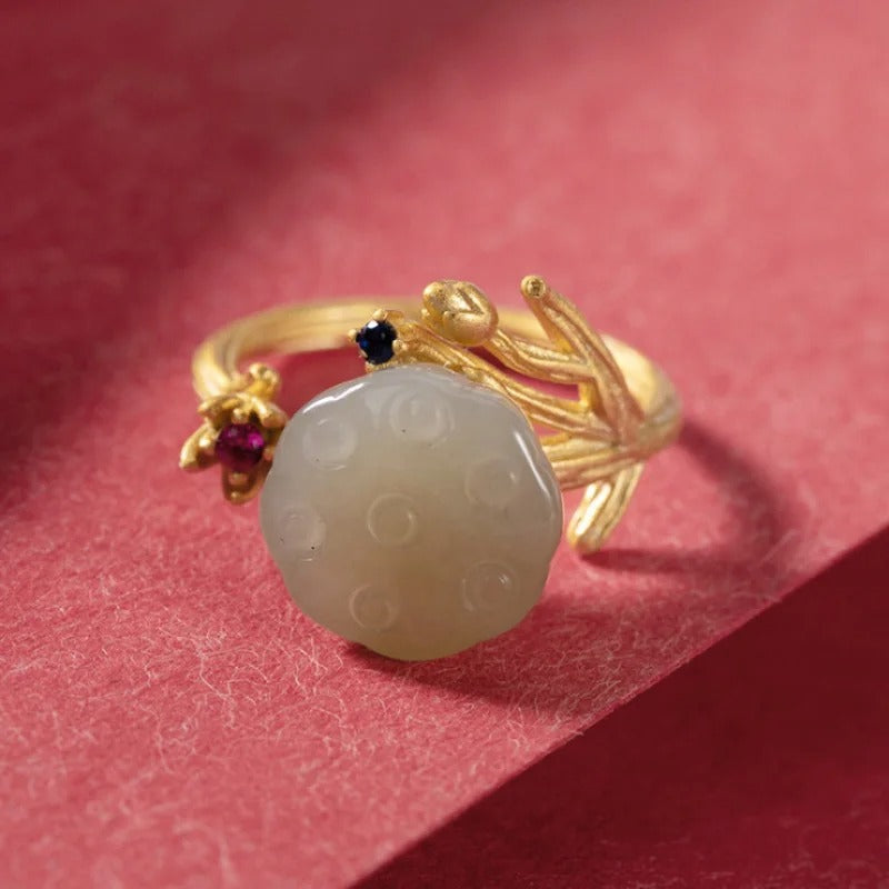 Vintage Gold Carved Green Stone & Floral Accent Adjustable Ring-Ariette Jewelry
