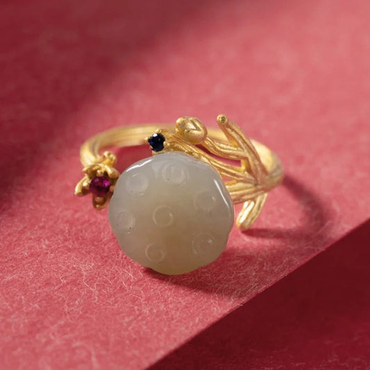 Vintage Gold Carved Green Stone & Floral Accent Adjustable Ring-Ariette Jewelry