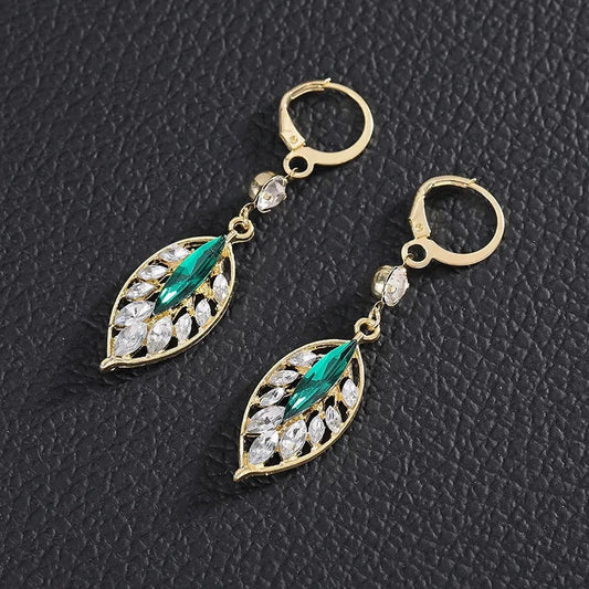 Gold Green Hollow Leaves Dangle Earrings-Ariette Jewelry