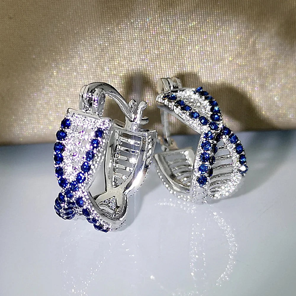 Silver Blue Crystal Hoop Earrings-Ariette Jewelry