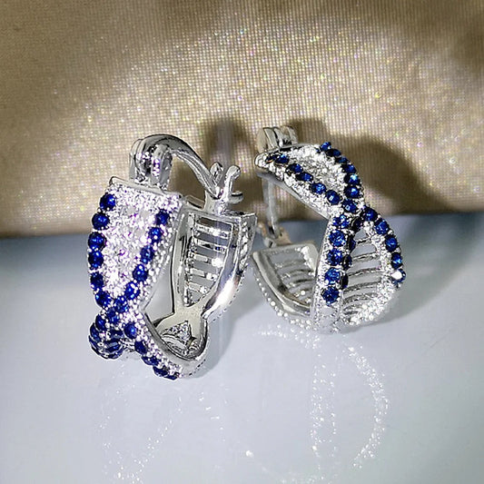 Silver Blue Crystal Hoop Earrings-Ariette Jewelry