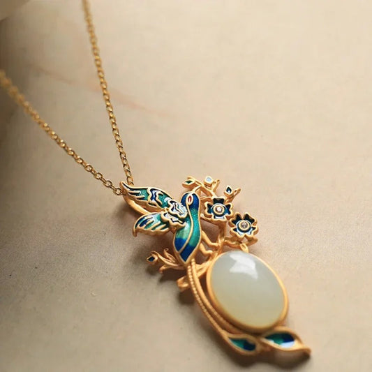 Classic Gold Bird & Flower Oval Gem Centerpiece Necklace-Ariette Jewelry