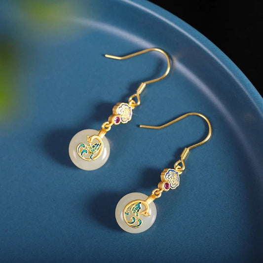 Vintage Gold & Floral Circle Phoenix Dance Drop Earrings-Ariette Jewelry