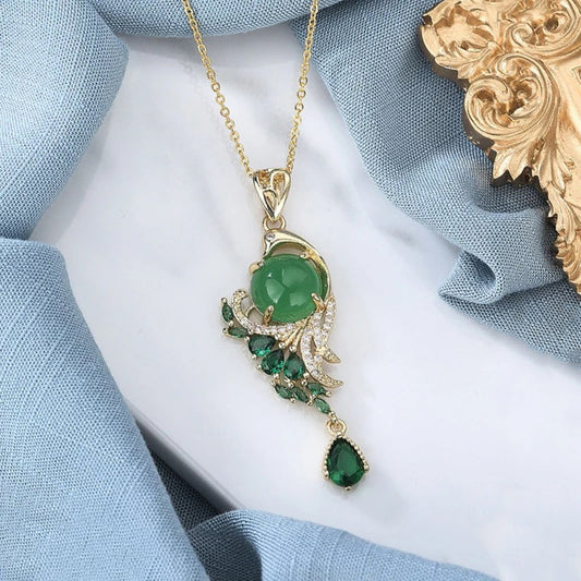 Classic Gold & Wind Green Crystal Phoenix Necklace-Ariette Jewelry