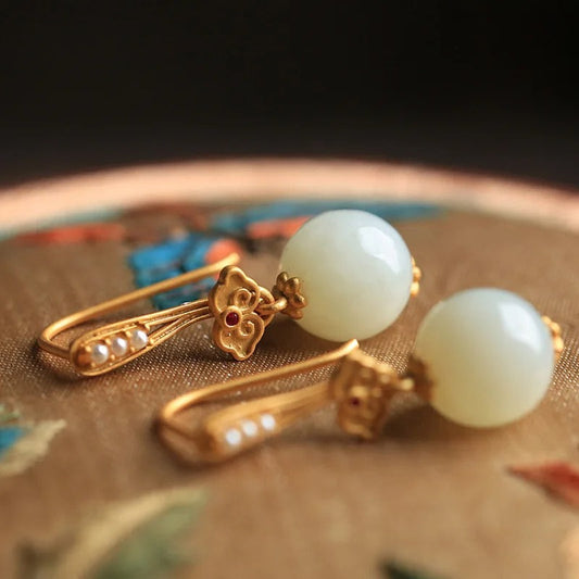 Vintage Gold White Inlaid Pearl Floral Design Earrings-Ariette Jewelry