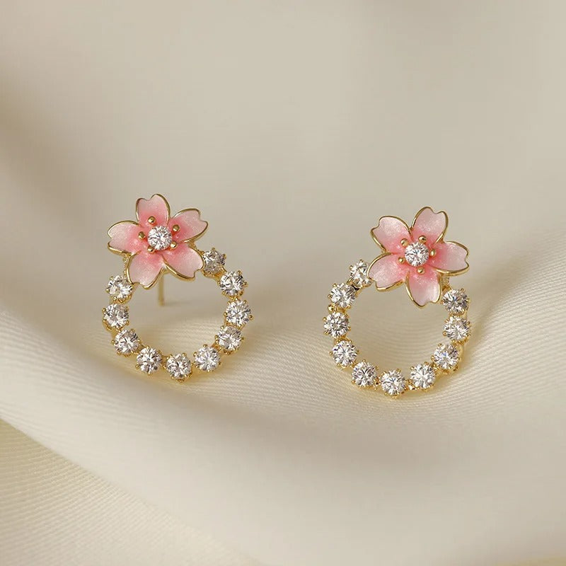 Gold Pink Flower Stud Earrings-Ariette Jewelry