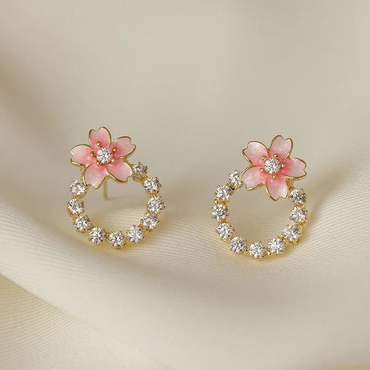 Gold Pink Flower Stud Earrings-Ariette Jewelry