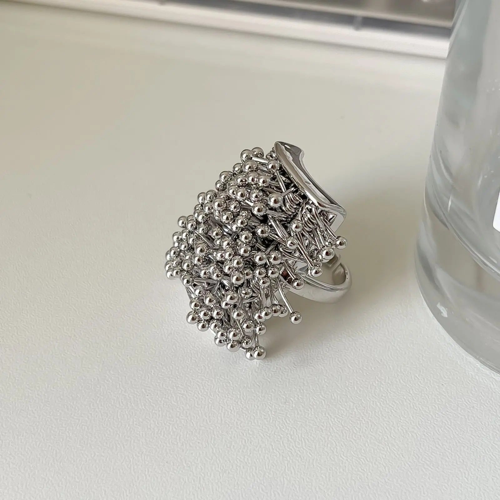 Silver Unique Cluster Ball-Studded Adjustable Ring-Ariette Jewelry