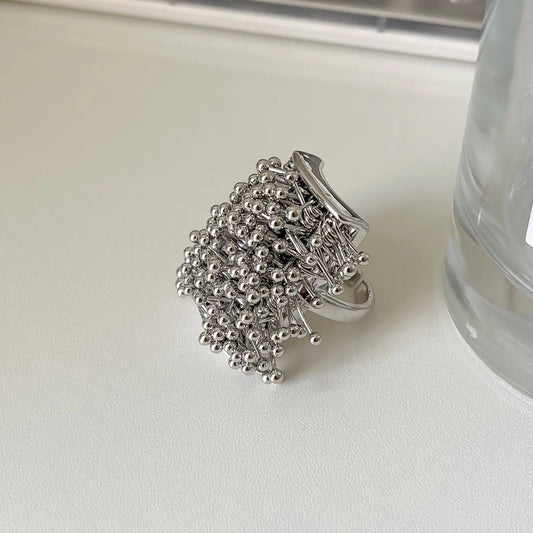 Silver Unique Cluster Ball-Studded Adjustable Ring-Ariette Jewelry