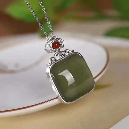 Classic Silver Green Square Gem Pendant Necklace-Ariette Jewelry