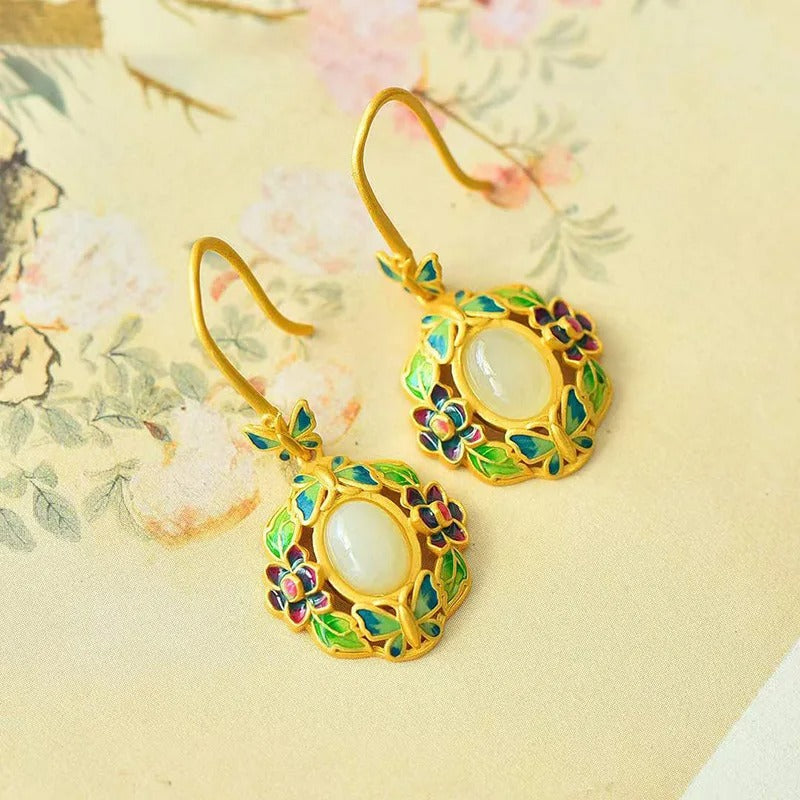 Vintage Gold & Green Floral White Gemstone Drop Earrings-Ariette Jewelry