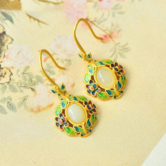 Vintage Gold & Green Floral White Gemstone Drop Earrings-Ariette Jewelry
