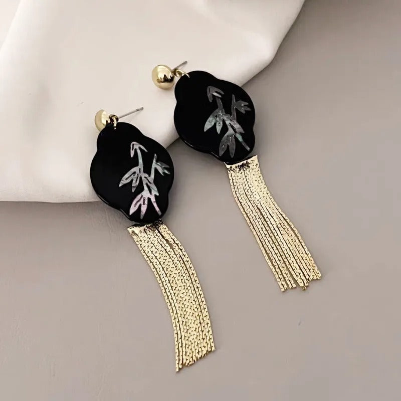 Vintage Black & Gold Tassel Bamboo Dangle Earrings-Ariette Jewelry