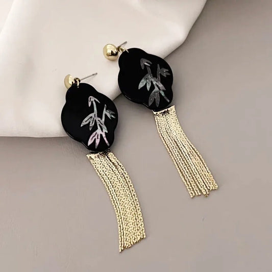 Vintage Black & Gold Tassel Bamboo Dangle Earrings-Ariette Jewelry