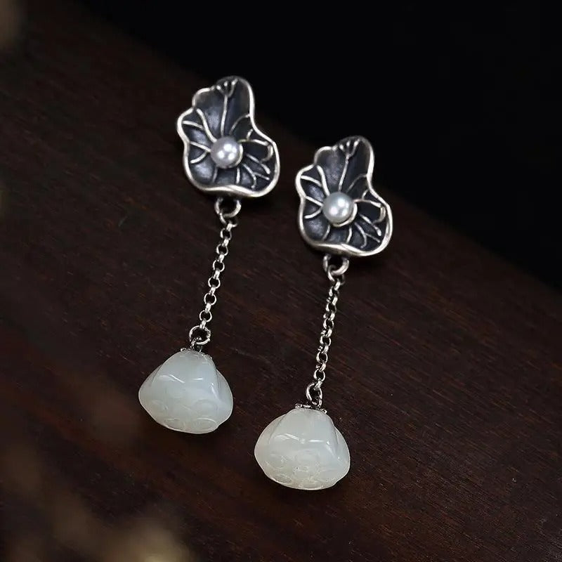 Classic Silver & White Jade Lotus Leaf Pearl Earrings-Ariette Jewelry