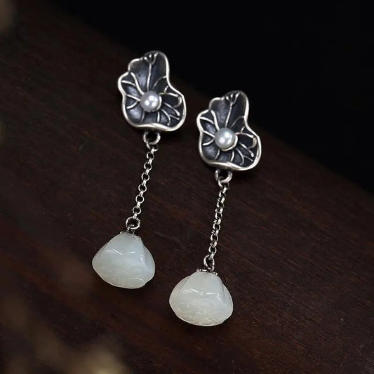 Classic Silver & White Jade Lotus Leaf Pearl Earrings-Ariette Jewelry